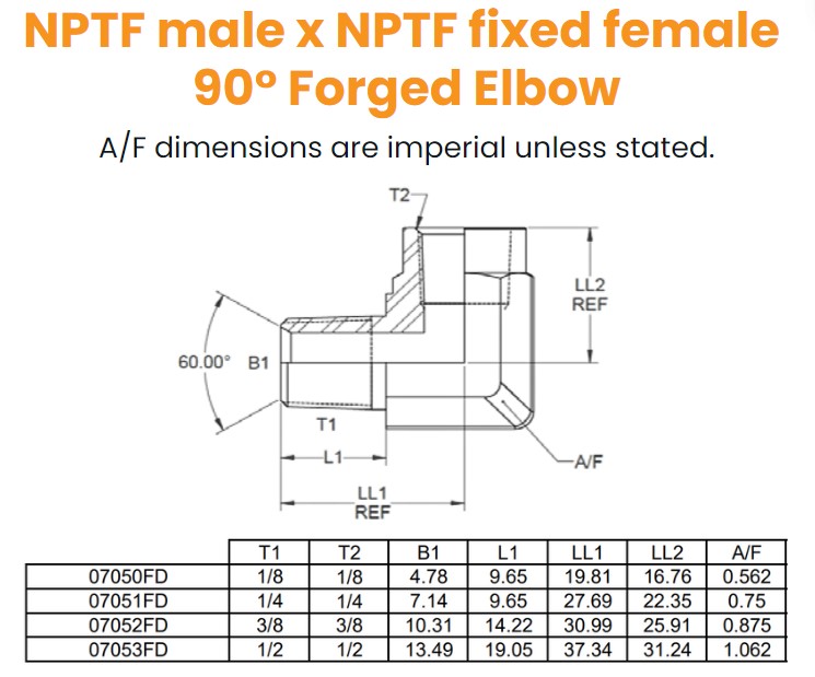 1/8 NPTF x 1/8 NPTF M/F Fixed 90° Forged Elbow Hydraulic Adaptor